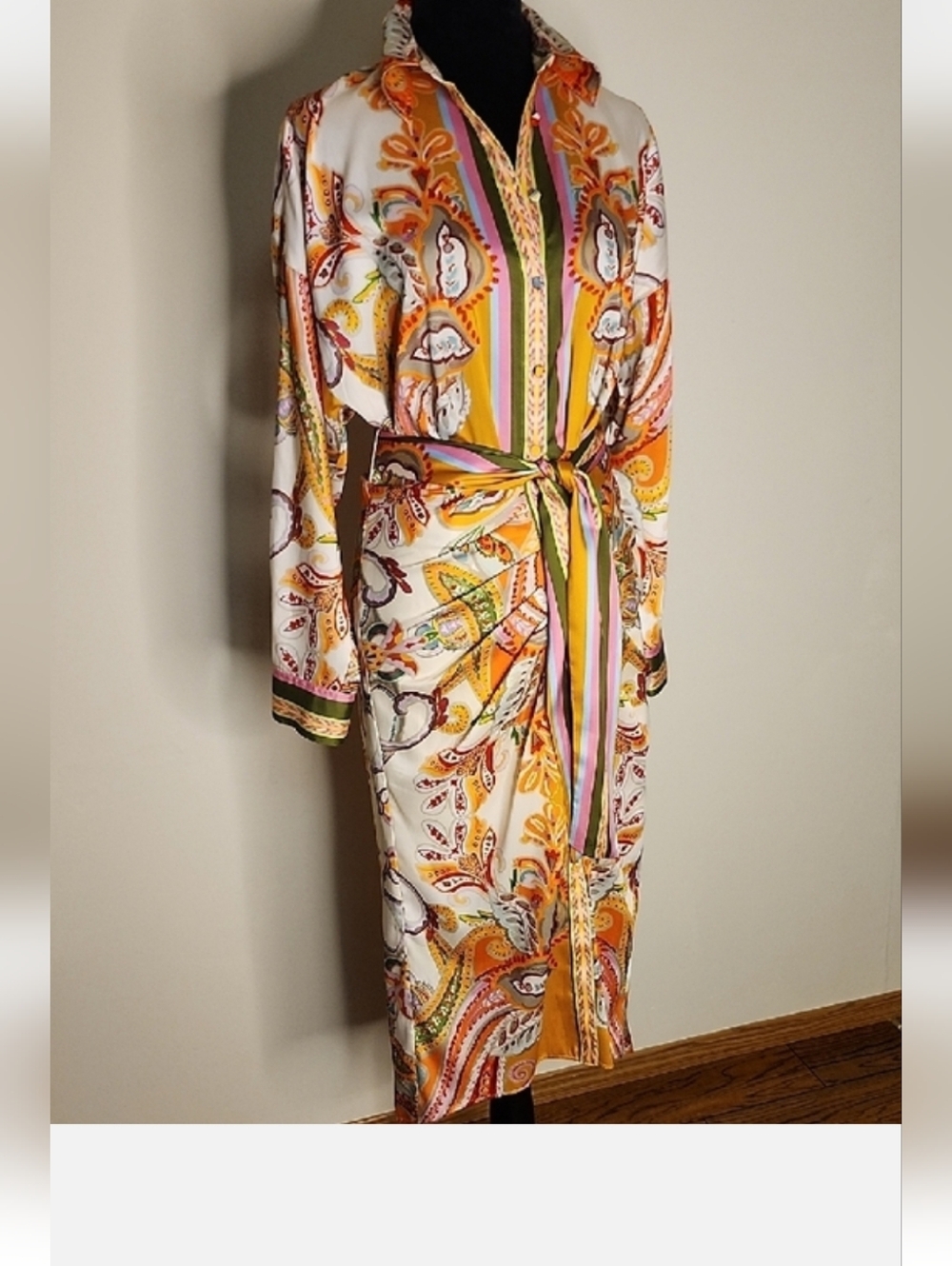 Antonio Melani Roxanne Paisley Midi Shirt Dress Tie Waist Ruching Sz 2
